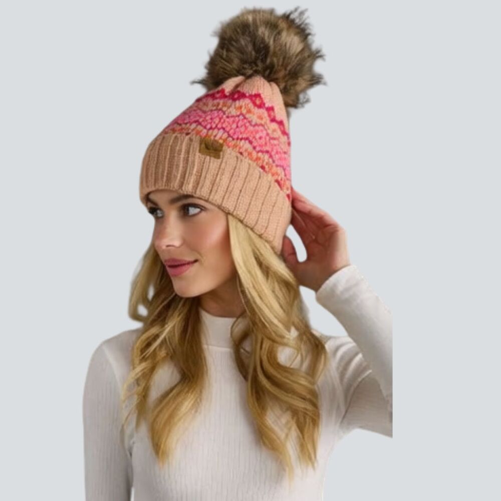 PANACHE Blush Pink & Orange Patterned Fleece Lined Pom Pom Beanie Hat - Picture 2 of 5